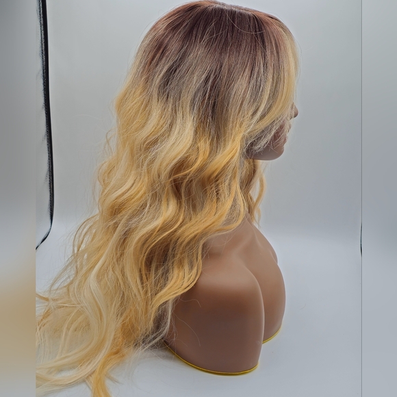 Golden Wheat Blonde & Brown Shadow Root Long Wavy Synthetic Wig - Picture 4 of 9
